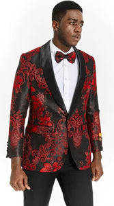 Black Paisley Dinner Jacket and Matching Bowtie - Black Paisley Suit - Prom 2025 Tuxedo Matching Bowtie - Black and Red