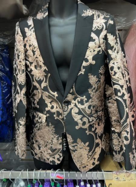 Mens Paisley Blazer - Rose Gold - Black and Gold Prom 2026 Tuxedo Dinner Jacket
