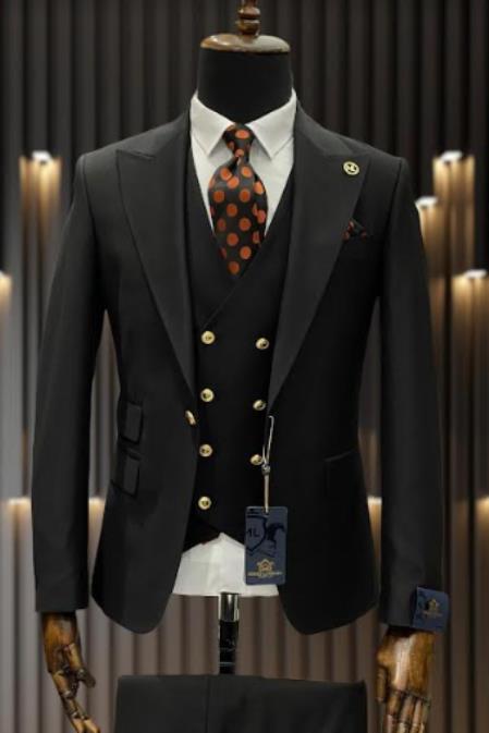 Rossiman Black Suit for Men | Classic 1-Button Peak Lapel Jacket & Double-Breasted Vest – Italian Tailored 3-Piece Luxury Suit