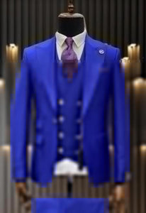 Rossiman Royal Blue Suit for Men | Classic 1-Button Peak Lapel Jacket & Double-Breasted Vest – Italian Tailored 3-Piece Luxury Suit