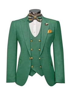 Men’s Green Slim Fit Suit by Rossiman | Stylish Double-Breasted Vest & Flat Front Pants – Italian Tailored 3-Piece Luxury Suit