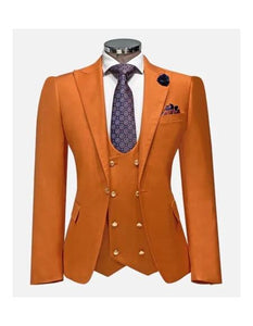 Rossiman Men’s Rust Slim Fit Suit | 3-Piece Set with Double-Breasted Vest & Flat Front Pants – Italian Tailored Luxury