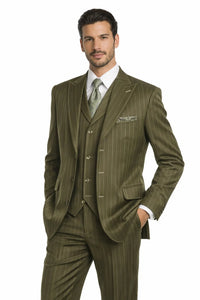 Men’s Vintage Vested Gangster Pinstripe Suit – Bold Olive Green Fashion 3-Piece Set