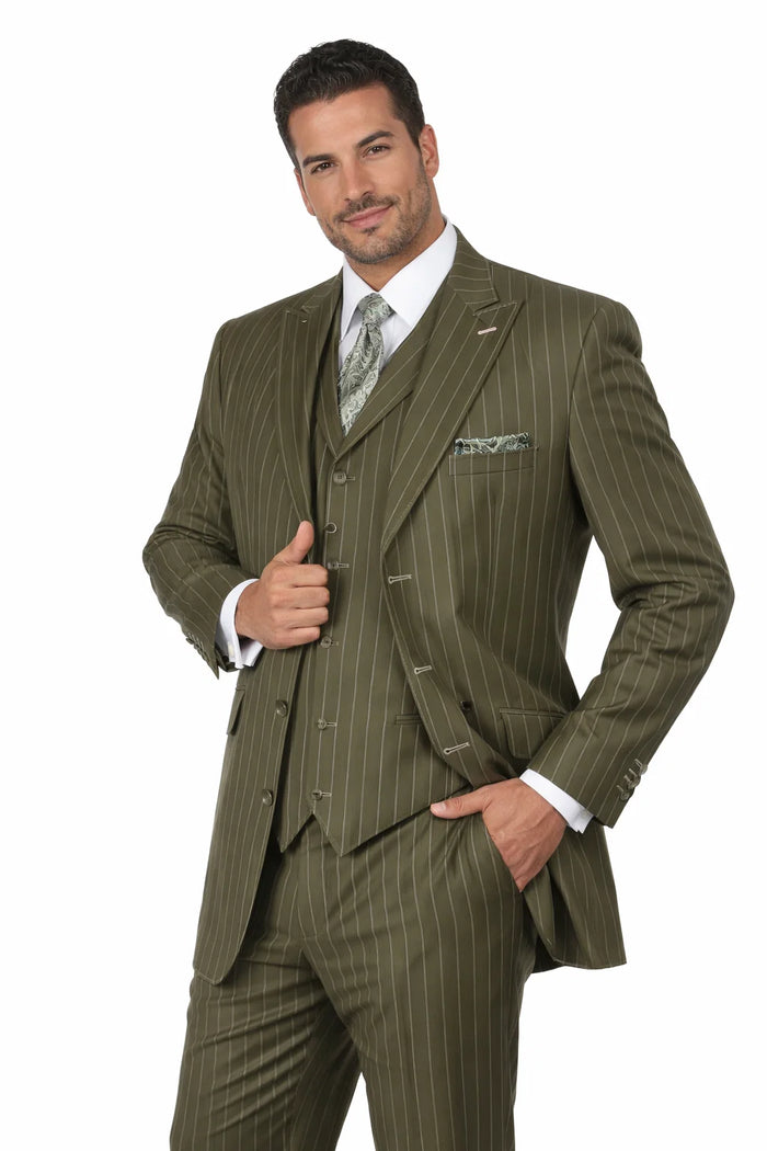 Men’s Vintage Vested Gangster Pinstripe Suit – Bold Olive Green Fashion 3-Piece Set