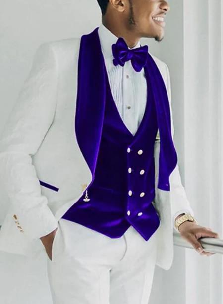Mens Vested Designer Wide Royal Blue Velvet Shawl Tuxedos in Ivory Paisley Designer Prom Tuxedos