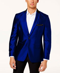Mens Shiny Blazer - Navy Sateen Vested Suit
