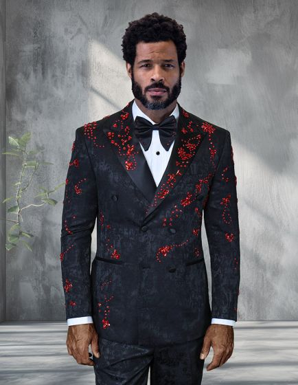 Mens Black And Red Sequin Double Breasted Tuxedo