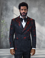Mens Black And Red Sequin Double Breasted Tuxedo