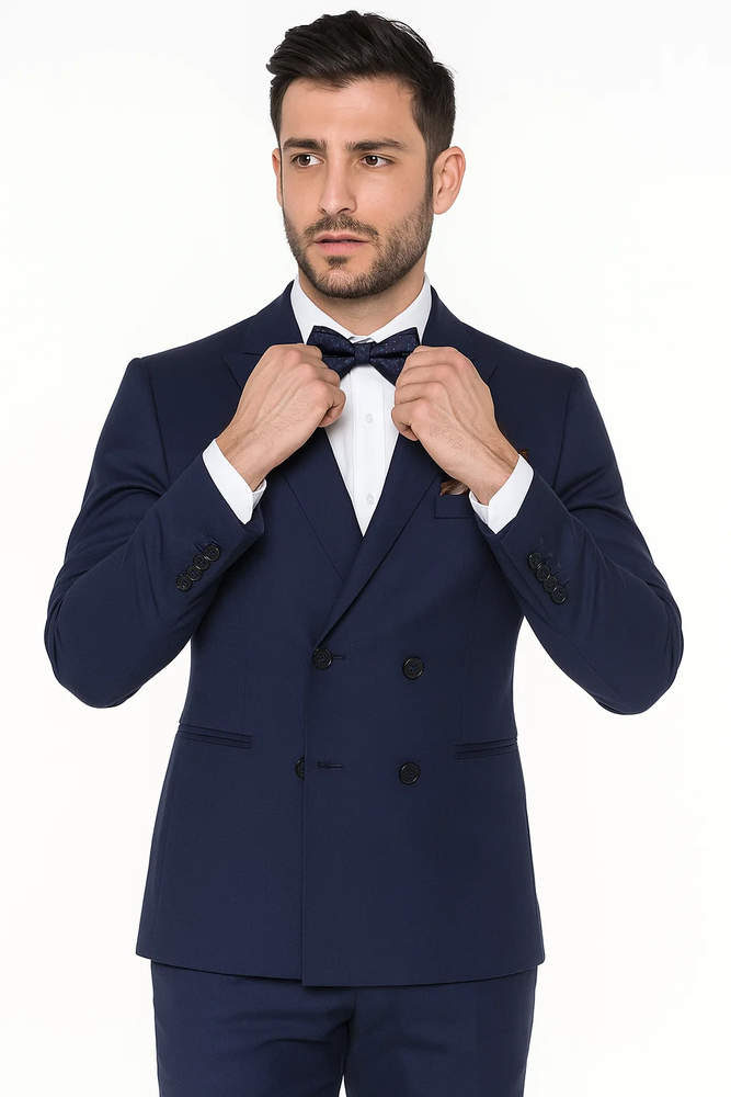 Men's Slim Fit Double-Breasted Suit – Navy Blue 