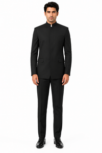 Apollo King Black Safari Suit Shoes - Mandarin Collar Military Style