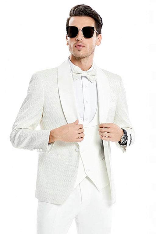 "Ivory Tazio Wedding Tuxedo | One-Button Vested Honeycomb Lace". - USA Men's Outlet