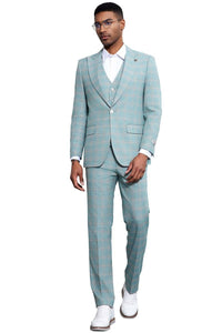Men's Stacy Adams Vested Peak Lapel Light Turquoise Green Plaid Prom & Wedding Suit