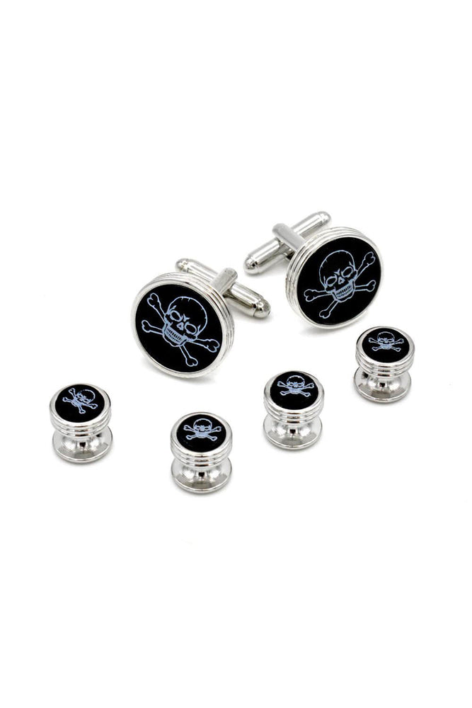 Engraved Skill and Crossbone Silver Studs and Cufflinks Set