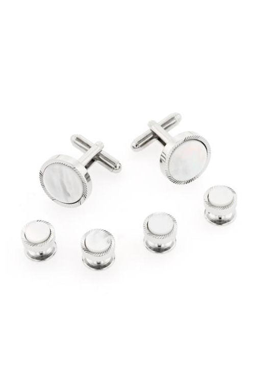 Etched Mother of Pearl Silver Studs and Cufflinks Set
