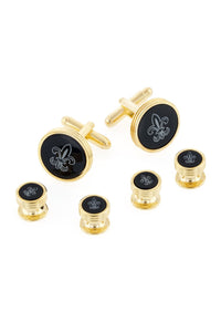 Fleur de Lis Onyx Gold Studs and Cufflinks Set