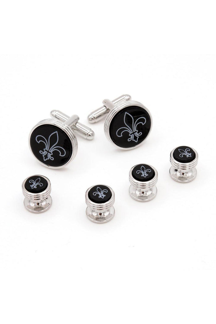 Fleur de Lis Onyx Silver Studs and Cufflinks Set