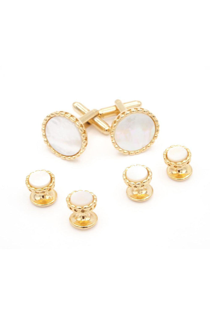 Gold Bead Mother of Pearl Studs and Cufflinks Set