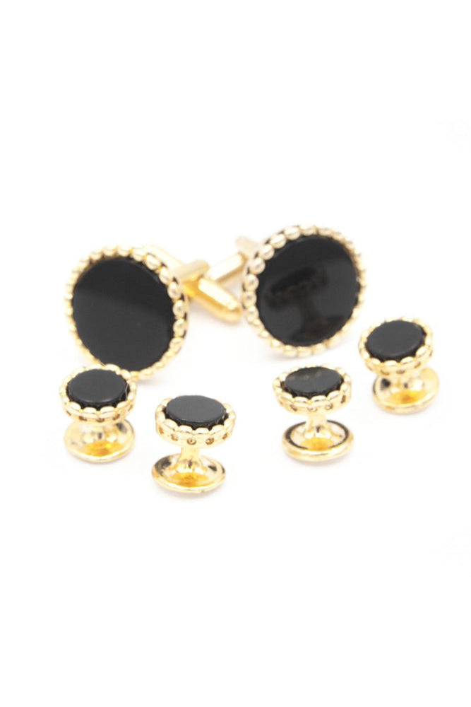 Onyx Bead Edge Gold Studs and Cufflinks Set