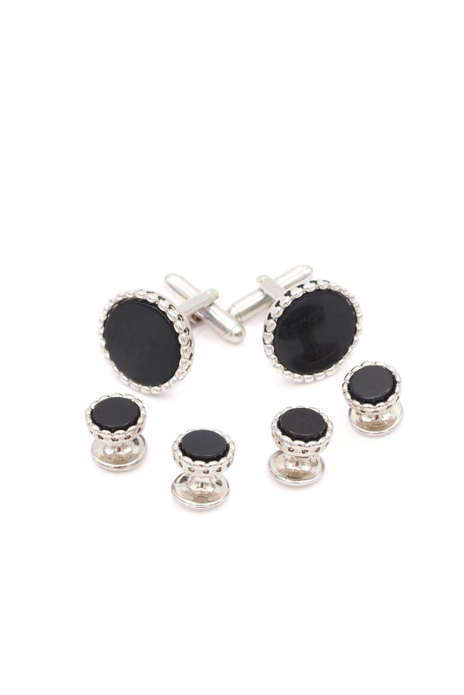 Onyx Bead Edge Silver Studs and Cufflinks Set