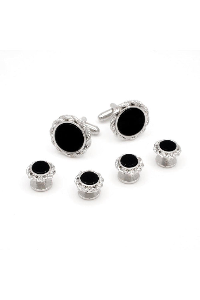 Onyx Braided Rope Silver Studs and Cufflinks Set