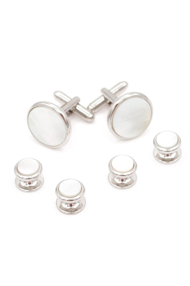 Smooth Edge Mother of Pearl Silver Studs and Cufflinks Set