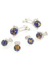 Spinning Globe Silver Studs and Cufflinks Set