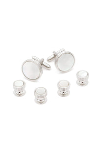 Triple Edge Mother of Pearl Silver Studs and Cufflinks Set