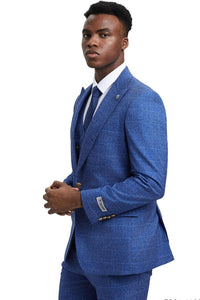 Men's Stacy Adams Peak Lapel Suit with Double Breasted Vest in Blue Windowpane Plaid