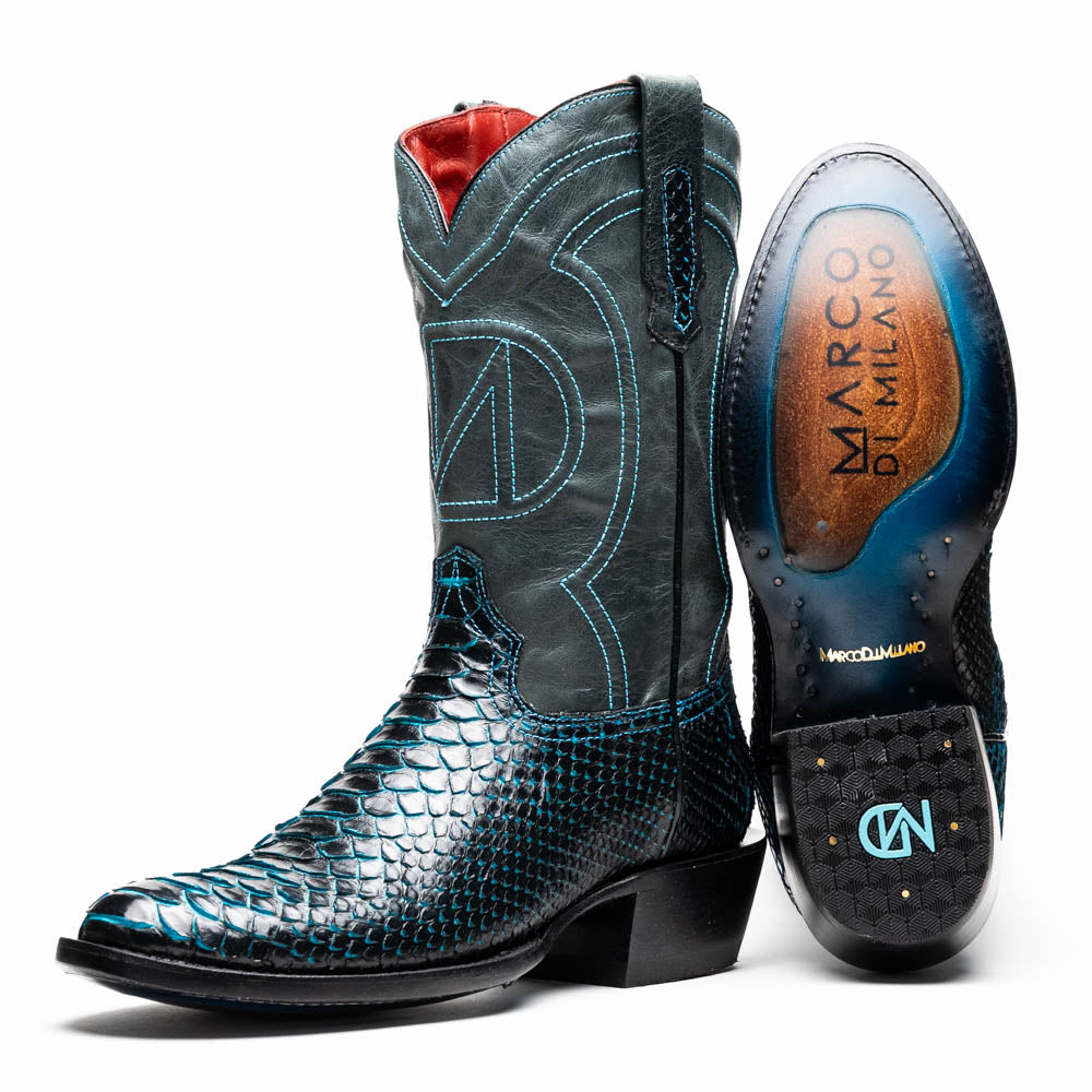 Marco Di Milano Kansas Black / Blue Python Round Toe Cowboy Boots