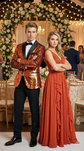 Mens Orange Sequin Blazer Tuxedo Dinner Jacket – Shiny Party Dinner Jacket with Black Lapel for Wedding, Prom, Stage Kingsman Jacket