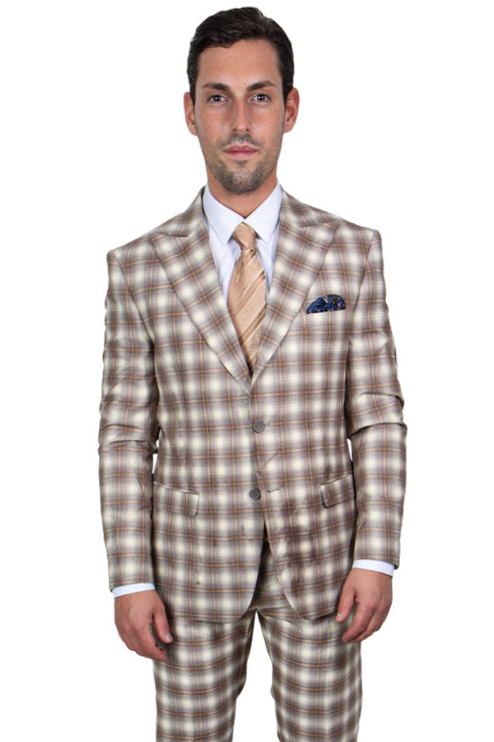 Revised Title: Stacy Adams Brown & Tan Plaid Vested Windowpane 2-Button Suit