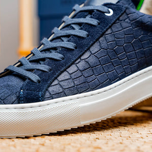 Zelli Kobe Luxury Sneaker in Navy Crocodile-Embossed Suede