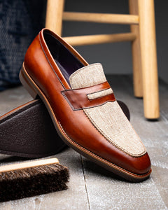 Zelli Lago Hand-Burnished Calfskin & Linen Penny Loafers in Cognac