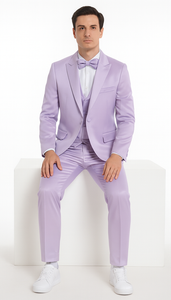 Men's Lavender Satin 3 Piece Slim Fit Tazzio Suit with Peak Lapel Jacket and Double Breasted Vest – Stylish Formalwear