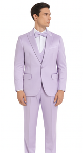 Men's Lavender Satin 3 Piece Slim Fit Tazzio Suit with Peak Lapel Jacket and Double Breasted Vest – Stylish Formalwear