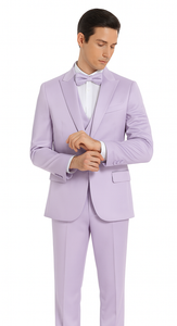Men's Lavender Satin 3 Piece Slim Fit Tazzio Suit with Peak Lapel Jacket and Double Breasted Vest – Stylish Formalwear