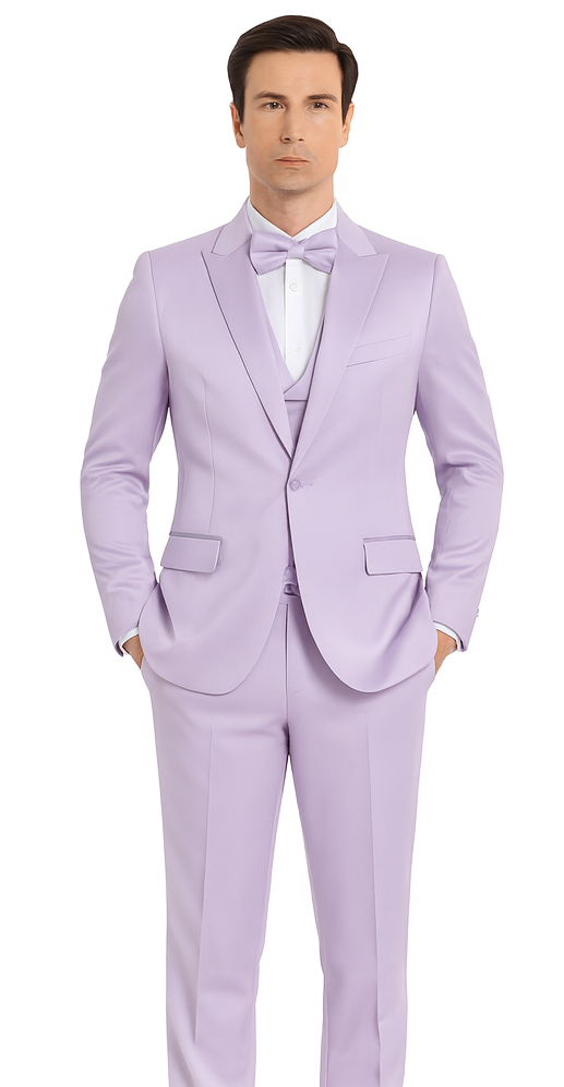 Men's Lavender Satin 3 Piece Slim Fit Tazzio Suit with Peak Lapel Jacket and Double Breasted Vest – Stylish Formalwear