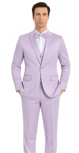 Men's Lavender Satin 3 Piece Slim Fit Tazzio Suit with Peak Lapel Jacket and Double Breasted Vest – Stylish Formalwear