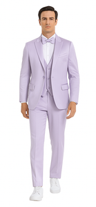 Men's Lavender Satin 3 Piece Slim Fit Tazzio Suit with Peak Lapel Jacket and Double Breasted Vest – Stylish Formalwear