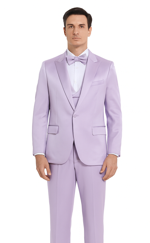 Men's Lavender Satin 3 Piece Slim Fit Tazzio Suit with Peak Lapel Jacket and Double Breasted Vest – Stylish Formalwear