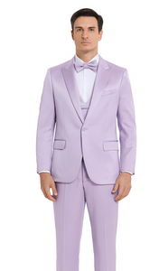 Men's Lavender Satin 3 Piece Slim Fit Tazzio Suit with Peak Lapel Jacket and Double Breasted Vest – Stylish Formalwear