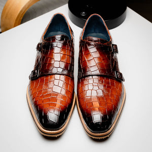 Zelli Legerra Hand-Burnished Crocodile Print Monk Strap in Cognac