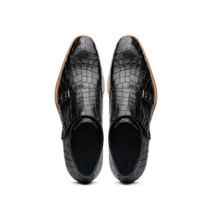 Zelli Legerra Hand Burnished Crocodile Print Monk Strap in Black