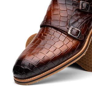 Zelli Legerra Hand-Burnished Crocodile Print Monk Strap in Cognac