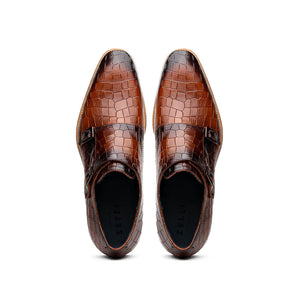 Zelli Legerra Hand-Burnished Crocodile Print Monk Strap in Cognac