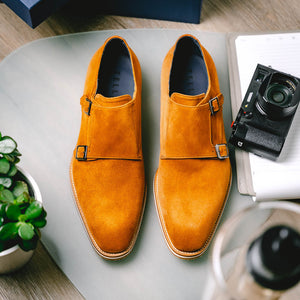 Zelli Legerra Contemporary Suede Monk Strap Dress Shoes in Cognac