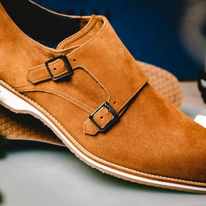 Zelli Legerra Contemporary Suede Monk Strap Dress Shoes in Cognac