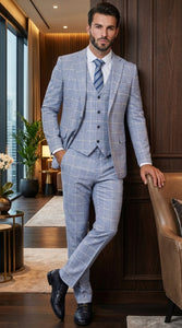 Mens Light Blue Plaid Three Piece Suit – Windowpane Check Wedding and Business Formal Suit Set