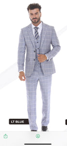 Mens Light Blue Plaid Three Piece Suit – Windowpane Check Wedding and Business Formal Suit Set