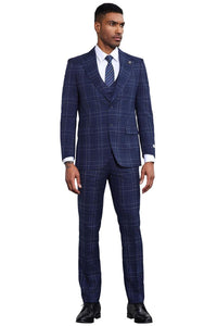 Men's Stacy Adams Vested Two Button Double Windowpane Plaid Suit in Navy